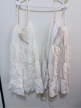 Tiered Spaghetti Strap Sundress - White & Beige Striped